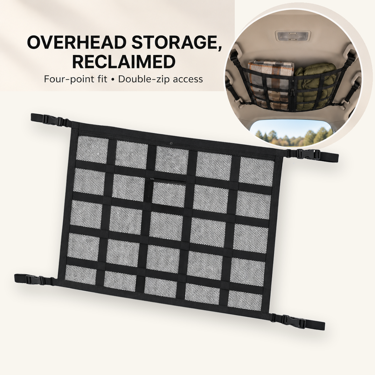 Black car ceiling storage net with four straps looped around factory grab handles