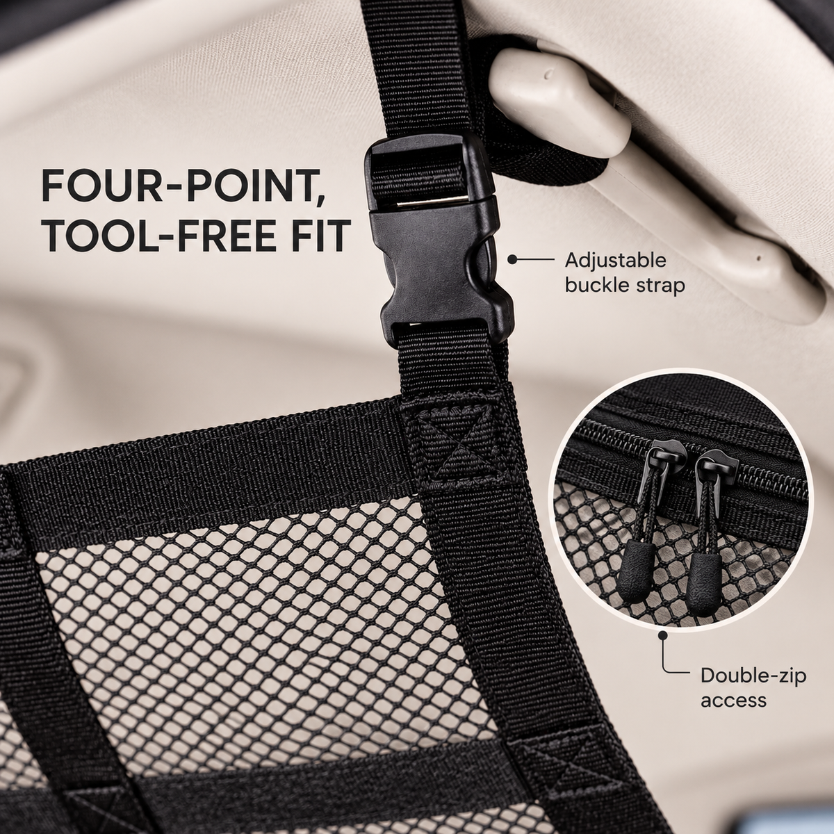 Adjustable buckle strap and double zipper on car ceiling storage net