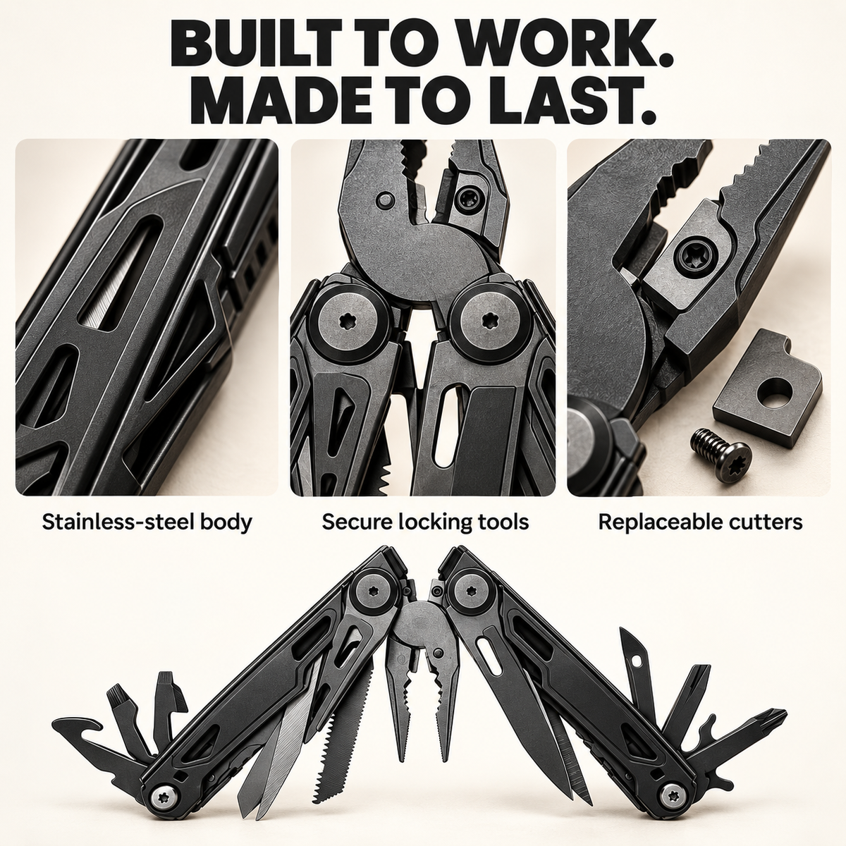 Stainless steel multitool body locking tools and replaceable cutters