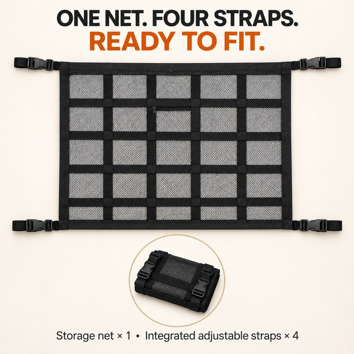 Car ceiling storage net with four integrated adjustable straps