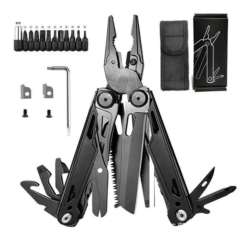 Multitool kit contents including pouch bit set cutter inserts screws and key