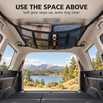 Overhead car cargo net installed with lightweight blankets and jackets