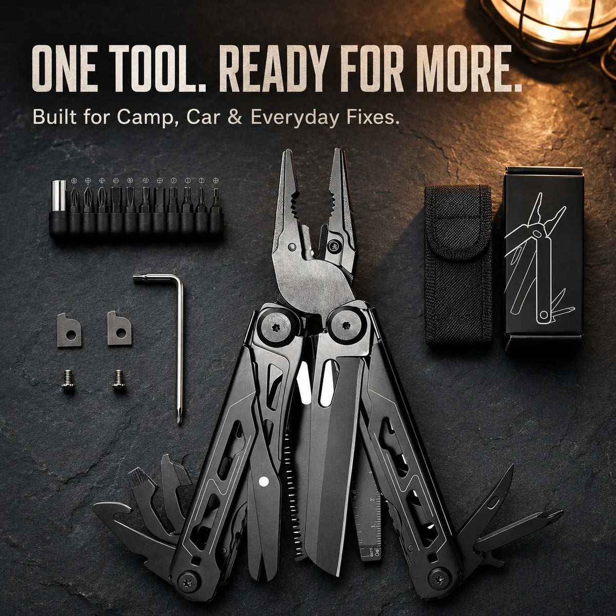 Black folding multitool pliers and accessory kit overview