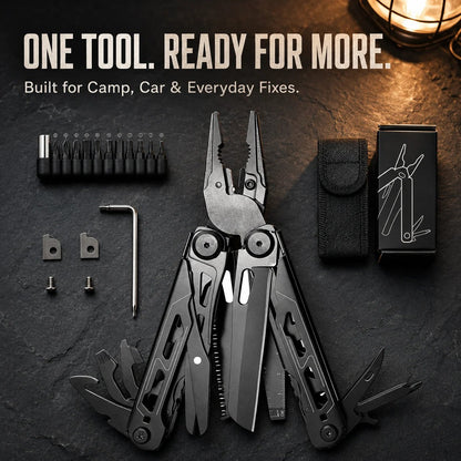Black folding multitool pliers and accessory kit overview
