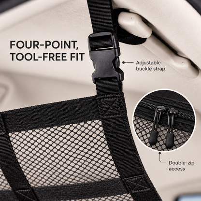 Adjustable buckle strap and double zipper on car ceiling storage net