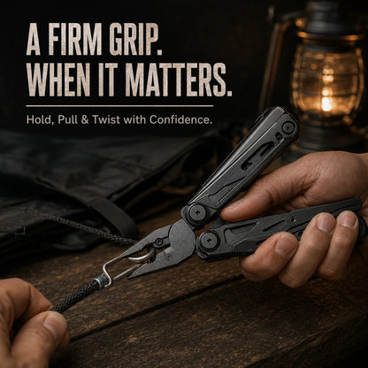 Black multitool pliers gripping a small metal loop
