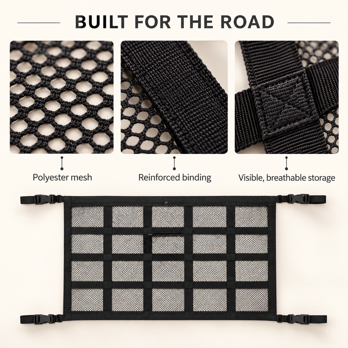 Polyester mesh reinforced binding and stitching detail