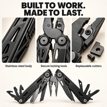 Stainless steel multitool body locking tools and replaceable cutters