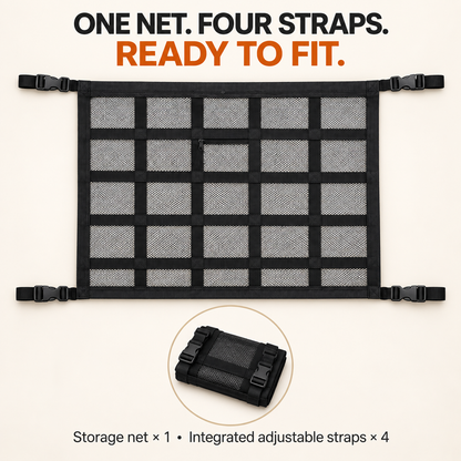 Car ceiling storage net with four integrated adjustable straps