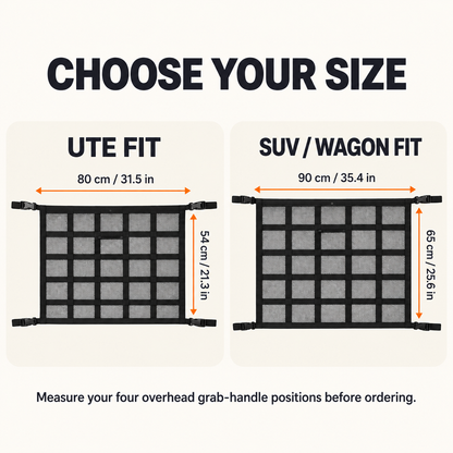 Car ceiling storage net dimensions for ute and SUV wagon sizes